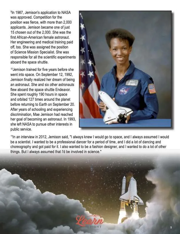 This is a content page for the Mae Jemison lesson plan. There is a photo of Mae Jemison holding a model rocket ship. There is a photo of a rocket lifting off with smoke billowing beneath it. The orange Learn Bright logo is at the bottom of the page.