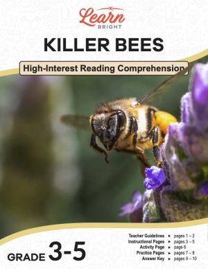 This is the title page for the Killer Bees lesson plan. The main image is a close-up photo of a bee and a purple flower. The orange Learn Bright logo is at the top of the page.