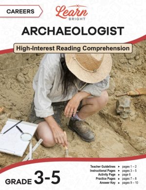This is the title page for the Careers: Archaeologist lesson plan. The main image is of an archaeologist brushing dirt off a bone. The orange Learn Bright logo is at the top of the page.