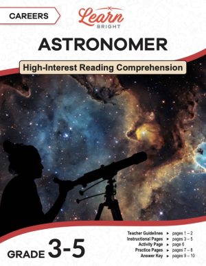This is the title page for the Careers: Astronomer lesson plan. The main image is of a colorful cloudy substance in outer space and the silhouette of a person and a telescope. The orange Learn Bright logo is at the top of the page.