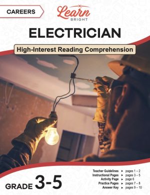 This is the title page for the Careers: Electrician lesson plan. The main image is of an electrician working on a light bulb. The orange Learn Bright logo is at the top of the page.