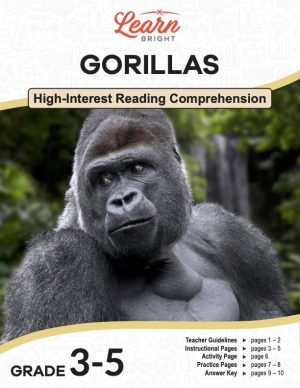 This is the title page for the Gorillas lesson plan. The main image is of a gorilla. The orange Learn Bright logo is at the top of the page.