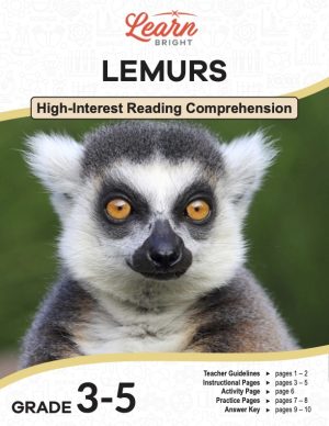 This is the title page for the Lemurs lesson plan. The main image is of a lemur's face on a green background. The orange Learn Bright logo is at the top of the page.