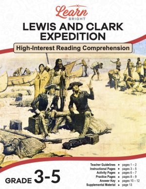 This is the title page for the Lewis and Clark Expedition lesson plan. The main image is a painting of Lewis and Clark with Native Americans. The orange Learn Bright logo is at the top of the page.
