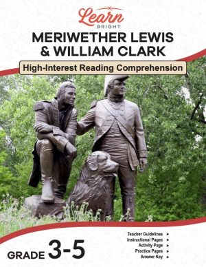 This is the title page for the Meriwether Lewis and William Clark lesson plan. The main image is of a statue of the two explorers. The orange Learn Bright logo is at the top of the page.