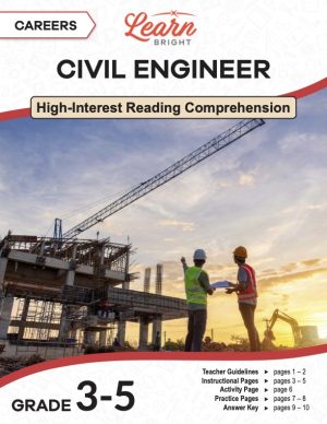 This is the title page for the Careers: Civil Engineer lesson plan. The main image is of two people looking up at a bridge in the process of being built. The orange Learn Bright logo is at the top of the page.