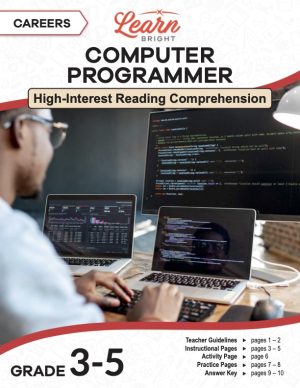 This is the title page for the Careers: Computer Programmer lesson plan. The main image is of a man typing lines of code on his laptop. The orange Learn Bright logo is at the top of the page.