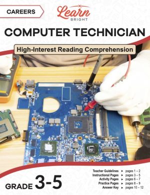 This is the title page for the Careers: Computer Technician lesson plan. The main image is of someone trying to fix a motherboard for a computer. The orange Learn Bright logo is at the top of the page.