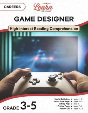 This is the title page for the Careers: Game Designer lesson plan. The main image is of a person playing a racing game on a game console. The orange Learn Bright logo is at the top of the page.