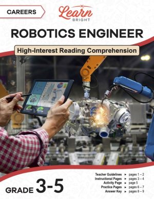 This is the title page for the for the Careers: Robotics Engineer lesson plan. The main image is of a person controlling a robot of some kind to accomplish a task. The orange Learn Bright logo is at the bottom of the page.