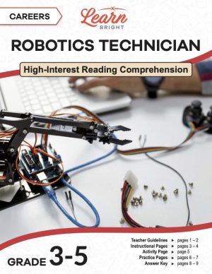 This is the title page for the Careers: Robotics Technician lesson plan. The main image is of someone typing on a keyboard in the background with a mechanical arm and some wiring in the foreground. The orange Learn Bright logo is at the top of the page.
