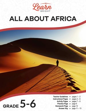This is the title page for the All about Africa lesson plan. The main image is of a person walking across the Sahara Desert. The orange Learn Bright logo is at the top of the page.