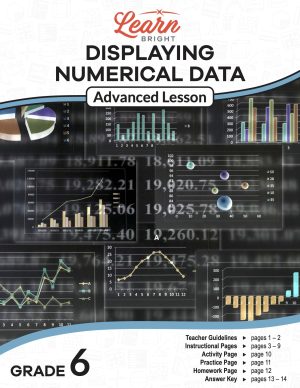 This is the title page for the Displaying Numerical Data Advanced lesson plan. The main image is a black background with lots of overlapping charts and graphs. The orange Learn Bright logo is at the top of the page.