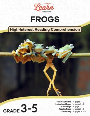 This is the title page for the Frogs lesson plan. The main image is of five frogs holding on to a think twig branch. One frog's legs are dangling. The orange Learn Bright logo is at the top of the page.