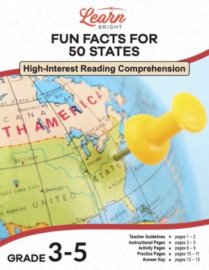 This is the title page for the Fun Facts for 50 States lesson plan. The main image is of a globe with a yellow thumbtack stuck in the general area of Washington, DC. The orange Learn Bright logo is at the top of the page.