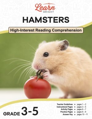 This is the title page for the Hamsters lesson plan. The main image is of a cream colored hamster gnawing on the stem of a red tomato. The orange Learn Bright logo is at the top of the page.