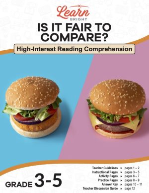 This is the title page for the Is It Fair to Compare? lesson plan. The main image is of a cheese burger and a crispy chicken sandwich next to each other as if being compared. The orange Learn Bright logo is at the top of the page.