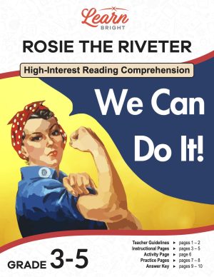 This is the title page for the Rosie the Riveter lesson plan. The main image is a painting of the famous poster of Rosie the Riveter showing her muscles. The orange Learn Bright logo is at the top of the page.
