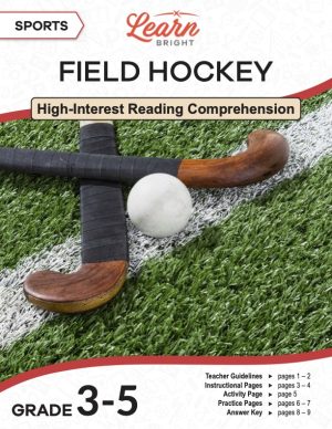 This is the title page for the Sports: Field Hockey lesson plan. The main image is of criss-cross hockey sticks with the ball in the middle, all of which are laying on turf on a white line. The orange Learn Bright logo is at the top of the page.
