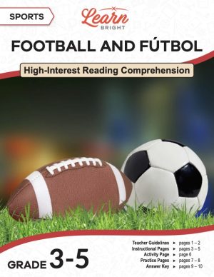 This is the title page for the Sports: Football and Fútbol lesson plan. The main image is of a football and a soccer ball next to each other on a grassy field. The orange Learn Bright logo is at the top of the page.