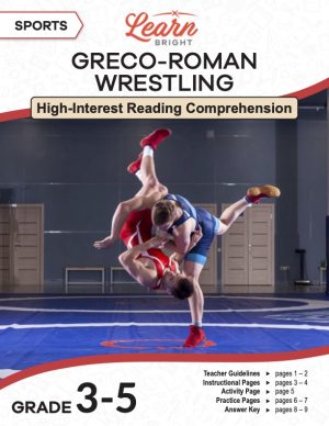 This is the title page for the Sports: Greco-Roman Wrestling lesson plan. The main image is of one wrestler throwing down another on the mat. The orange Learn Bright logo is at the top of the page.