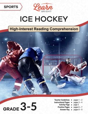 This is the title page for the Sports: Ice Hockey lesson plan. The main image is of two hockey players rammed into each other and a goalie reaching for a puck. The orange Learn Bright logo is at the top of the page.