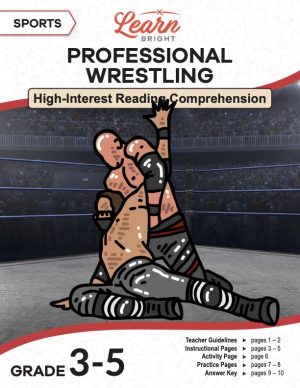 This is the title page for the Sports: Professional Wrestling lesson plan. The main image is of two wrestlers fighting in a ring. The orange Learn Bright logo is at the top of the page.