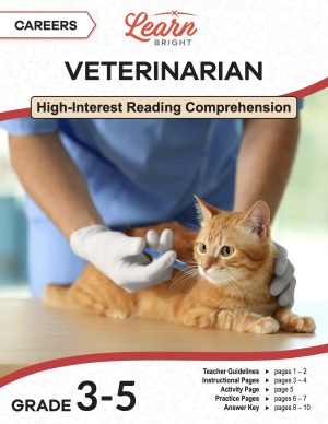 This is the title page for the Careers: Veterinarian lesson plan. The main image is of a veterinarian administering a shot to a young cat. The orange Learn Bright logo is at the top of the page.