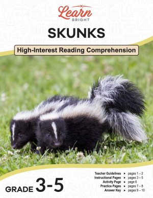 This is the title page for the Skunks lesson plan. The main image is of two small skunks on a grassy field. The orange Learn Bright logo is at the top of the page.