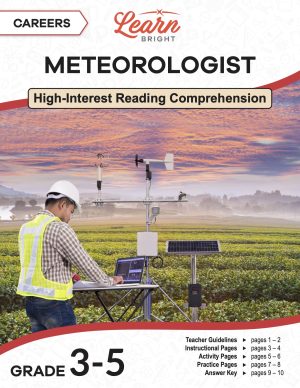 This is the title page for the Careers: Meteorologist lesson plan. The main image is of a meteorologist outside looking at data on his computer. The orange Learn Bright logo is at the top of the page.