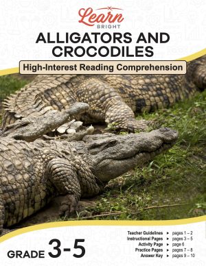 This is the title page for the Alligators and Crocodiles lesson plan. The main image is of a group of alligators on a grassy area. The orange Learn Bright logo is at the top of the page.