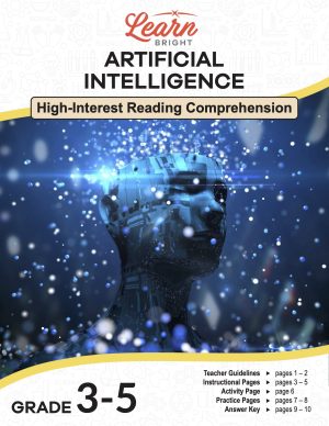 This is the title page for the Artificial Intelligence lesson plan. The main image is a robotic head that seems to be pixelated toward the crown of the head. The entire image and background has blue hues. The orange Learn Bright logo is at the top of the page.