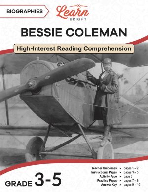 This is the title page for the Bessie Coleman lesson plan. The main image is a photo of Bessie Coleman standing next to her airplane. The orange Learn Bright logo is at the top of the page.