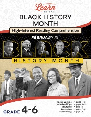 This is the title page for the Black History Month lesson plan. The main image shows pictures of historical figures in honor of black history month. The orange Learn Bright logo is at the top of the page.