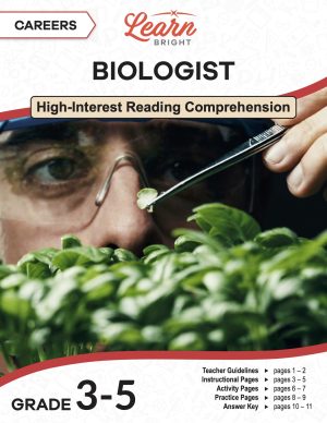 This is the title page for the Careers: Biologist lesson plan. The main image is a close-up of someone holding a leaf in a pair of tweezers. The orange Learn Bright logo is at the top of the page.