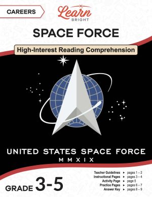 This is the title page for the Careers: Space Force lesson plan. The main image is of the US Space Force logo. The orange Learn Bright logo is at the top of the page.