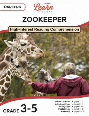 This is the title page for the Careers: Zookeeper lesson plan. The main image is of a zookeeper feeding the giraffes. The orange Learn Bright logo is at the top of the page.