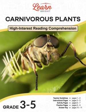 This is the title page for the Carnivorous Plants lesson plan. The main image is of a Venus flytrap with a fly in its jaws. The orange Learn Bright logo is at the top of the page.