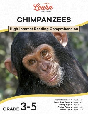 This is the title page for the Chimpanzees lesson plan. The main image is a close-up photograph of a chimpanzee smiling. The orange Learn Bright logo is at the top of the page.