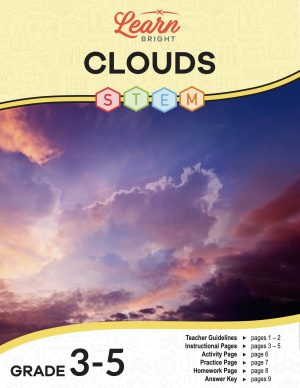 This is the title page for the Clouds STEM lesson plan. The main image is of pink and orange and dark purple clouds. The orange Learn Bright logo is at the top of the page.