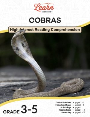 This is the title page for the Cobras lesson plan. The main image is of a cobra flaring its hood. The orange Learn Bright logo is at the top of the page.