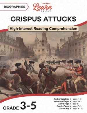 This is the title page for the Crispus Attucks lesson plan. The main image is a painting of the death of Crispus Attucks. The orange Learn Bright logo is at the top of the page.