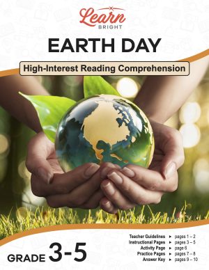 This is the title page for the Earth Day lesson plan. The main image is of a woman's hands holding a glass globe with tree leaves behind it. The orange Learn Bright logo is at the top of the page.