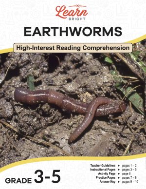 This is the title page for the Earthworms lesson plan. The main image is of a couple worms in some dirt. The orange Learn Bright logo is at the top of the page.