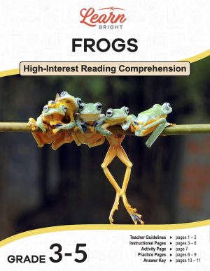 This is the title page for the Frogs lesson plan. The main image is of five frogs holding on to a think twig branch. One frog's legs are dangling. The orange Learn Bright logo is at the top of the page.