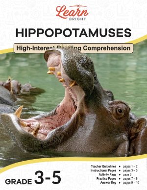 This is the title page for the Hippopotamuses lesson plan. The main image is of a hippo opening its mouth wide. The orange Learn Bright logo is at the top of the page.