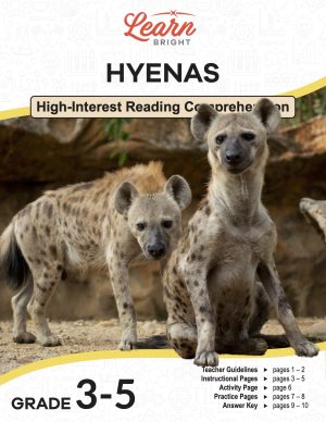 This is the title page for the Hyenas lesson plan. The main image is of two hyenas. The orange Learn Bright logo is at the top of the page.