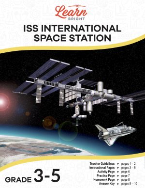 This is the title page for the ISS International Space Station lesson plan. The main image is of the ISS and a shuttle in outer space with part of the earth showing in the corner of the image. The orange Learn Bright logo is at the top of the page.