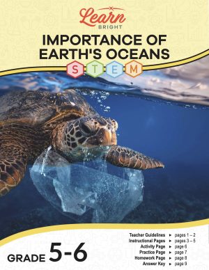 This is the title page for the Importance of Earth's Oceans STEM lesson plan. The main image is of a turtle in the water with a plastic bag in its mouth. The orange Learn Bright logo is at the top of the page.