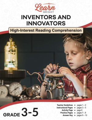 This is the title page for the Inventors and Innovators lesson plan. The main image is a photo of a kid creating some sort of light source using wires and various other objects. The orange Learn Bright logo is at the top of the page.